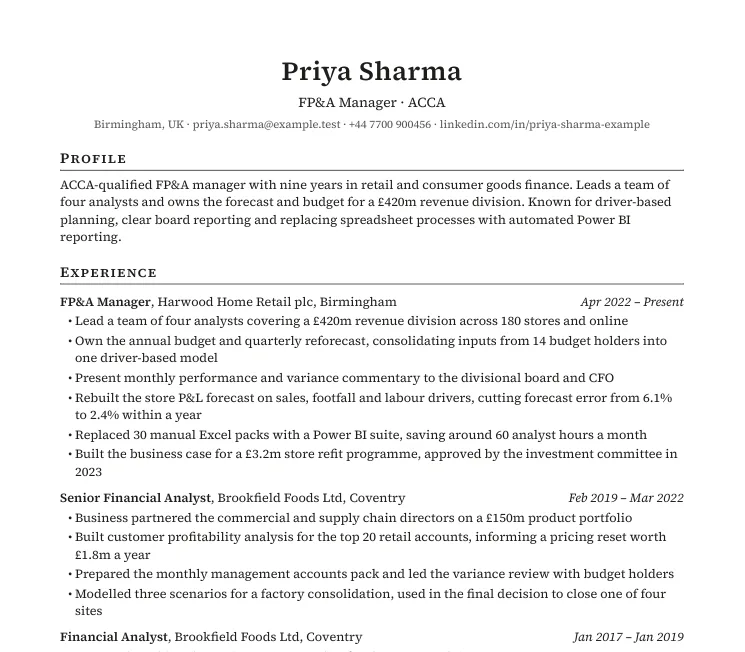 The top of an example CV in the Classic style