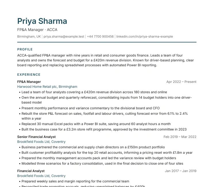 The top of an example CV in the Modern style